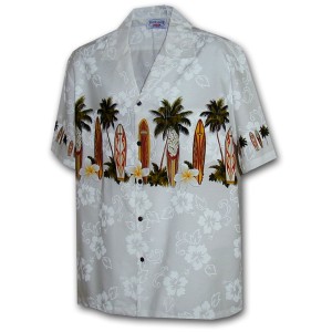 Pacific Legend Bílá havajská košile s motivem palem a surfování Velikost: XXL - Gril-Zahrada.cz