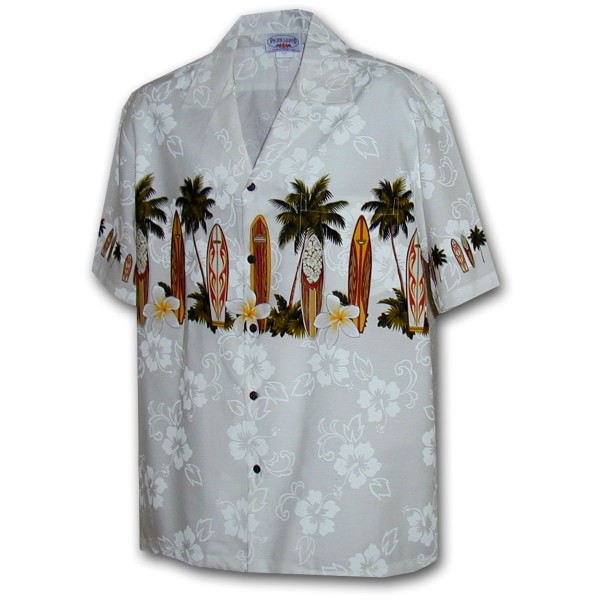 Pacific Legend Bílá havajská košile s motivem palem a surfování Velikost: XL - Gril-Zahrada.cz
